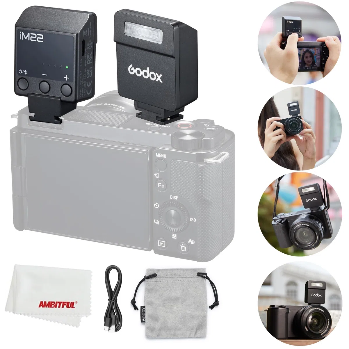 Godox iM22 Flash per fotocamera, mini flash Speedlite, 440 flash a piena potenza, contatto singolo Hotshoe, batteria al litio integrata Compatibile con fotocamera Fuji/Sony/Nikon/Canon/Olympus (iM22)