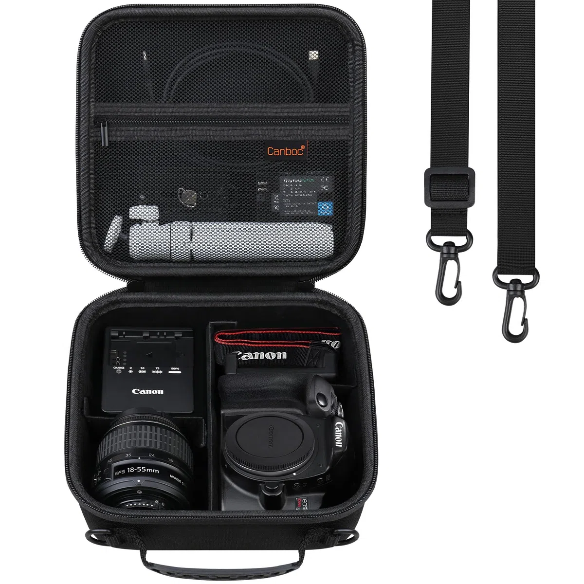 Canboc Custodia fotocamera DSLR Canon EOS Rebel T7/ R50/ R50 V/ R6 Mark II/ R100/ R8/ R7/ R5/ 90D/ 5D Mark IV e obiettivo 18-55 mm, borsa con tracolla e 3 divisori, nera (solo custodia)