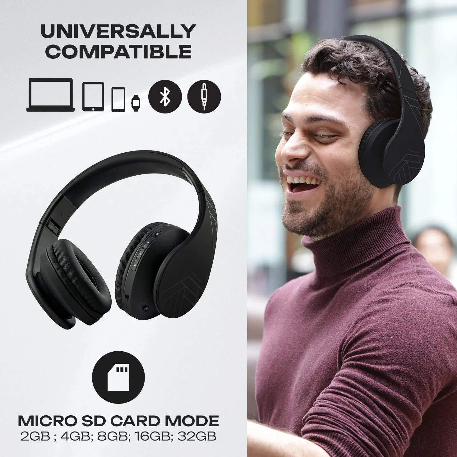 PowerLocus Cuffie Bluetooth Over Ear, Cuffie Wireless Bluetooth 5.3, Hi-Fi Stereo Suono, Senza Fili con Microfono, Pieghevoli, Micro SD/TF, FM Radio per Viaggio/Telefono/PC/Ufficio (Nero)