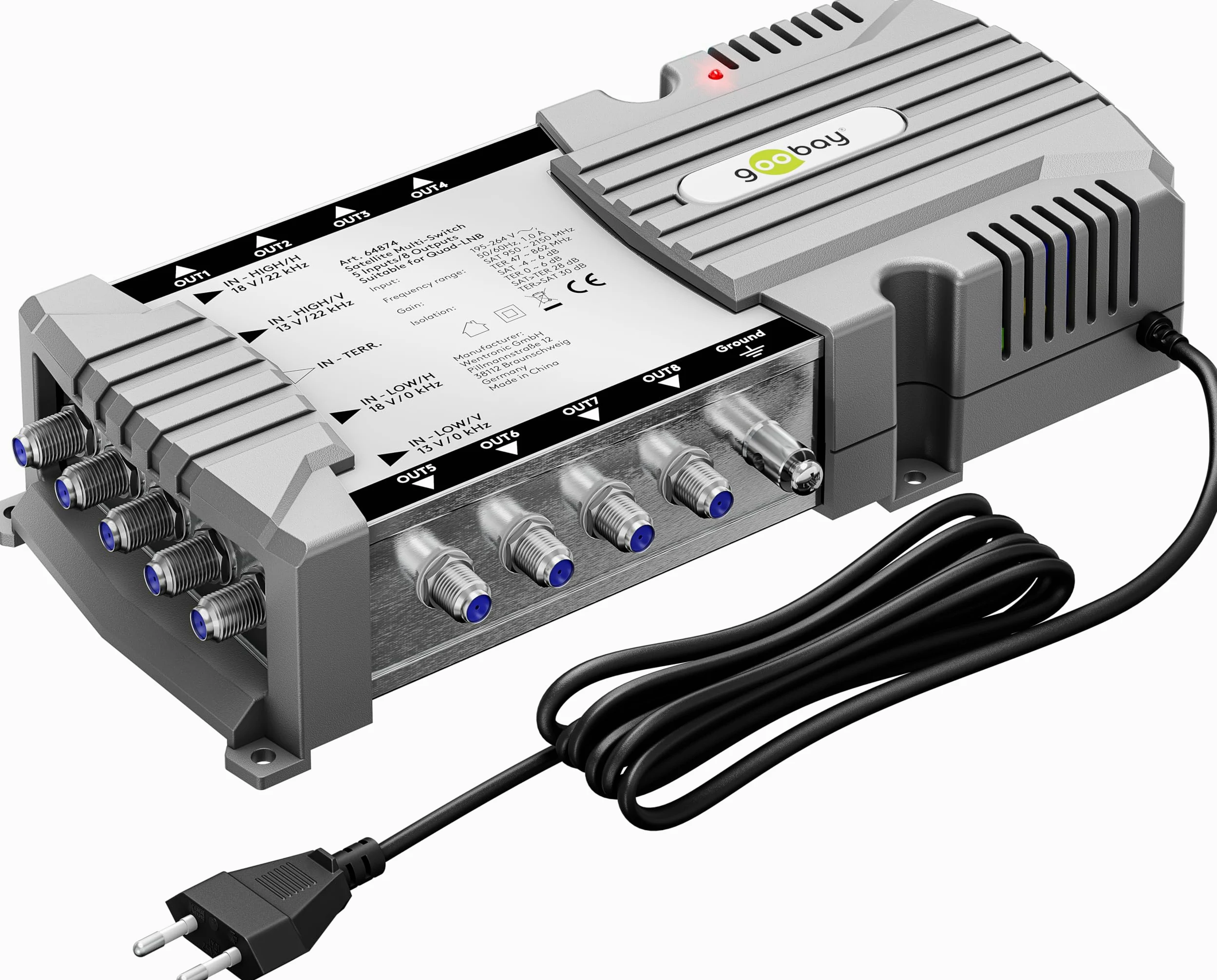goobay 64874 Interruttore multiswitch satellitare compatto, 5 ingressi, 8 uscite, 4 K, 8 K UHD/DAB+, per 8 partecipanti
