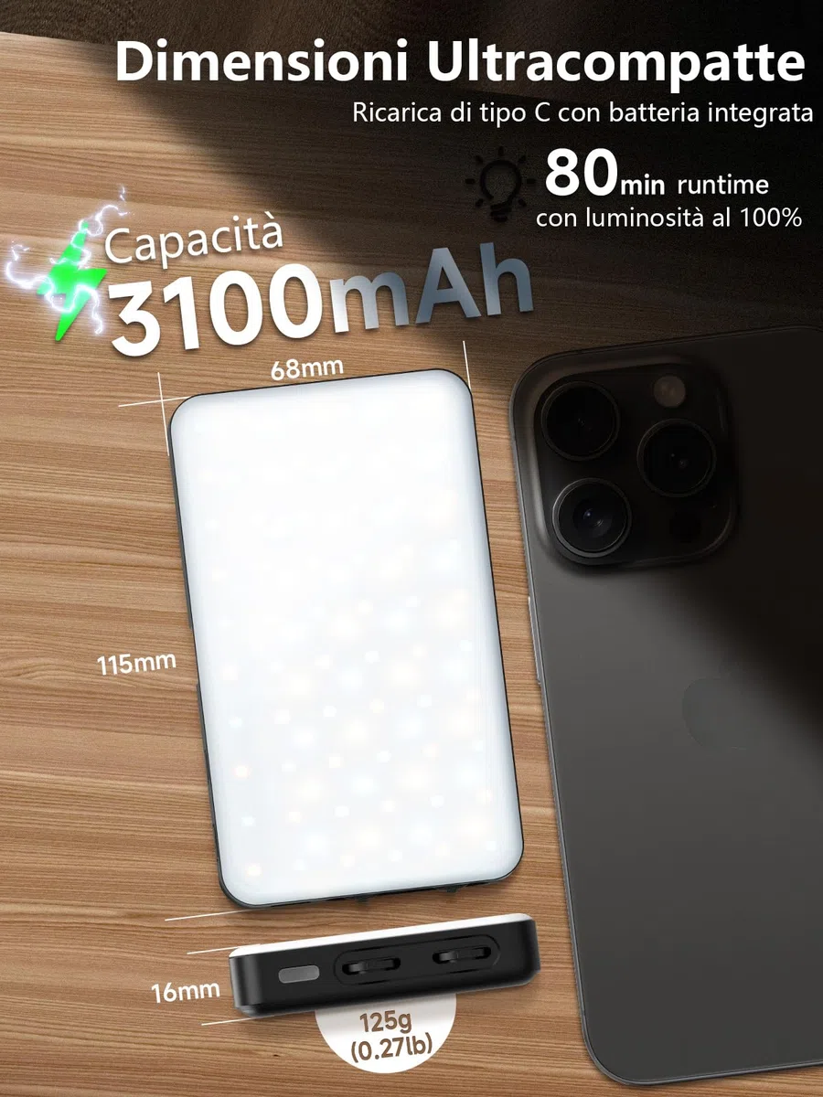 Moman PC8 Luce Video Professionale RGB Pannello LED 3100mAh con App Control, 13 Effetti Luce per Fotocamera/Streaming/YouTube