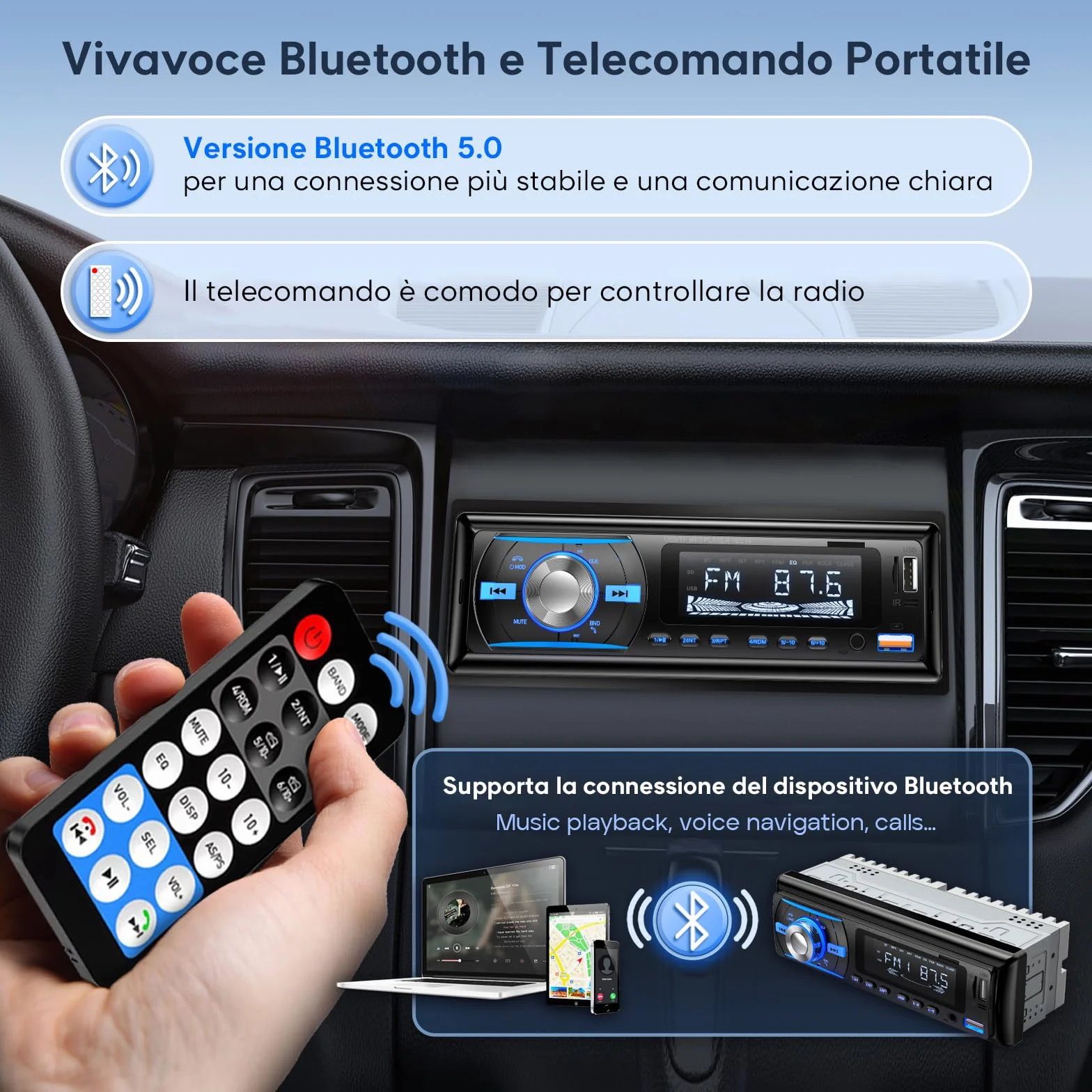 RDS Autoradio Bluetooth 5.0 con Vivavoce, Wistrue Stereo Auto Bluetooth con 2 USB/AUX/SD,Autoradio 1 DIN Supporta Lettore MP3/WMA/WAV, Compatibile con iOS e Android