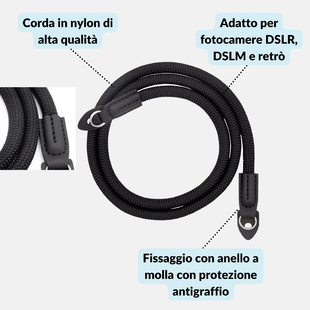 LENS-AID Tracolla per fotocamera effetto corda, 100 cm: come tracolla per il collo per il trasporto di una fotocamera di diversi produttori