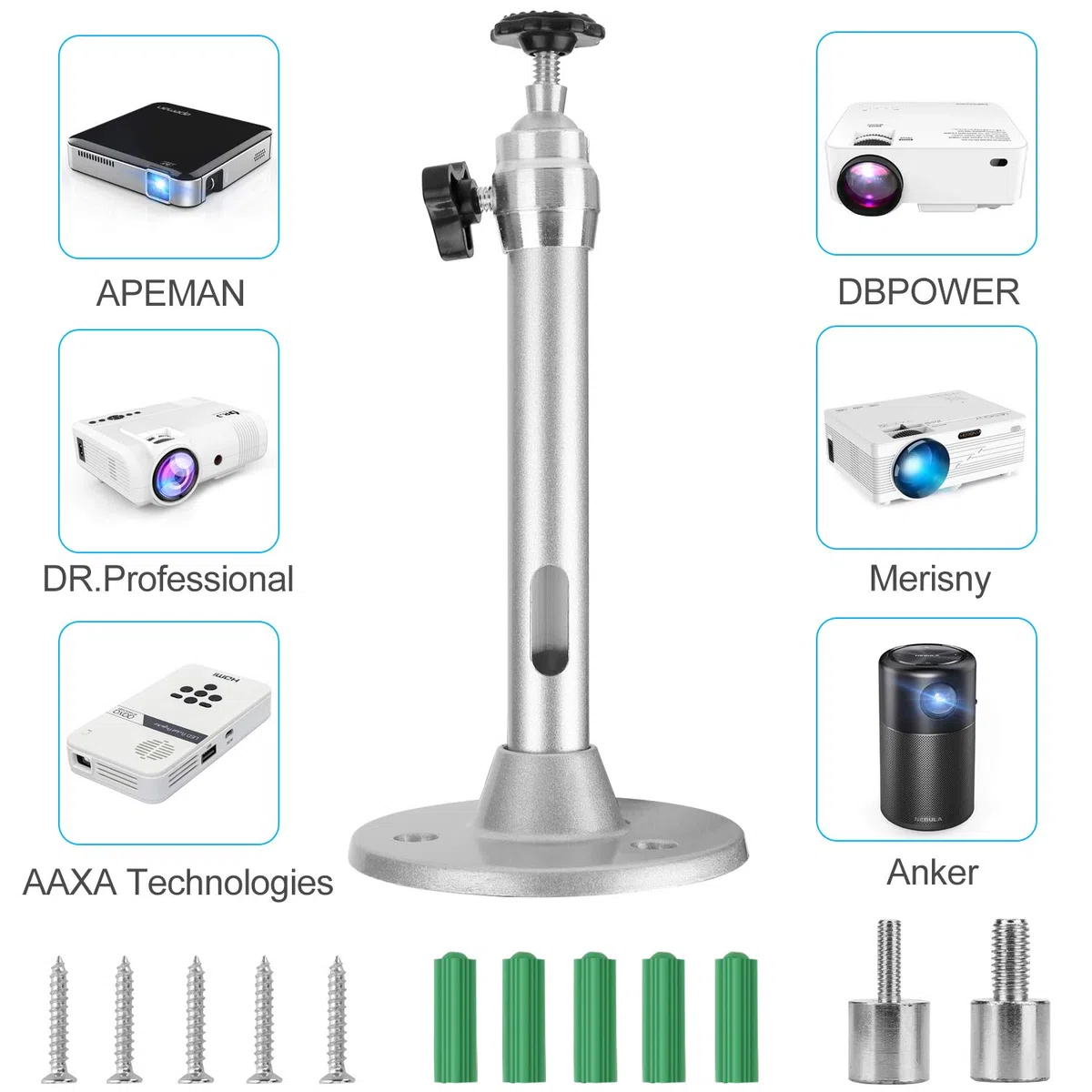 Mini supporto per proiettore da parete compatibile con QKK,DR.J Upgrade,DBPOWER,Anker,VANKYO,AAXA Technologies, PVO,Artlii,LoongSon,APEMAN e molti (175 mm, argento)