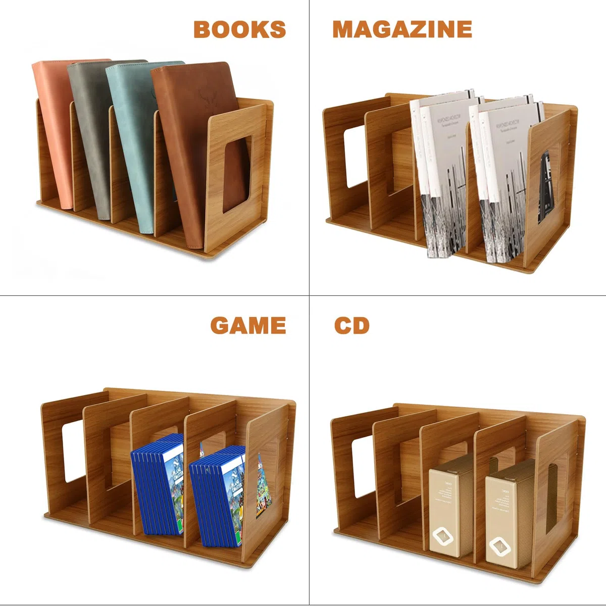 SHUESS 4 scaffali in legno da scrivania per CD, 4 scomparti, per CD e DVD, piccoli libri (colore legno di ciliegio)