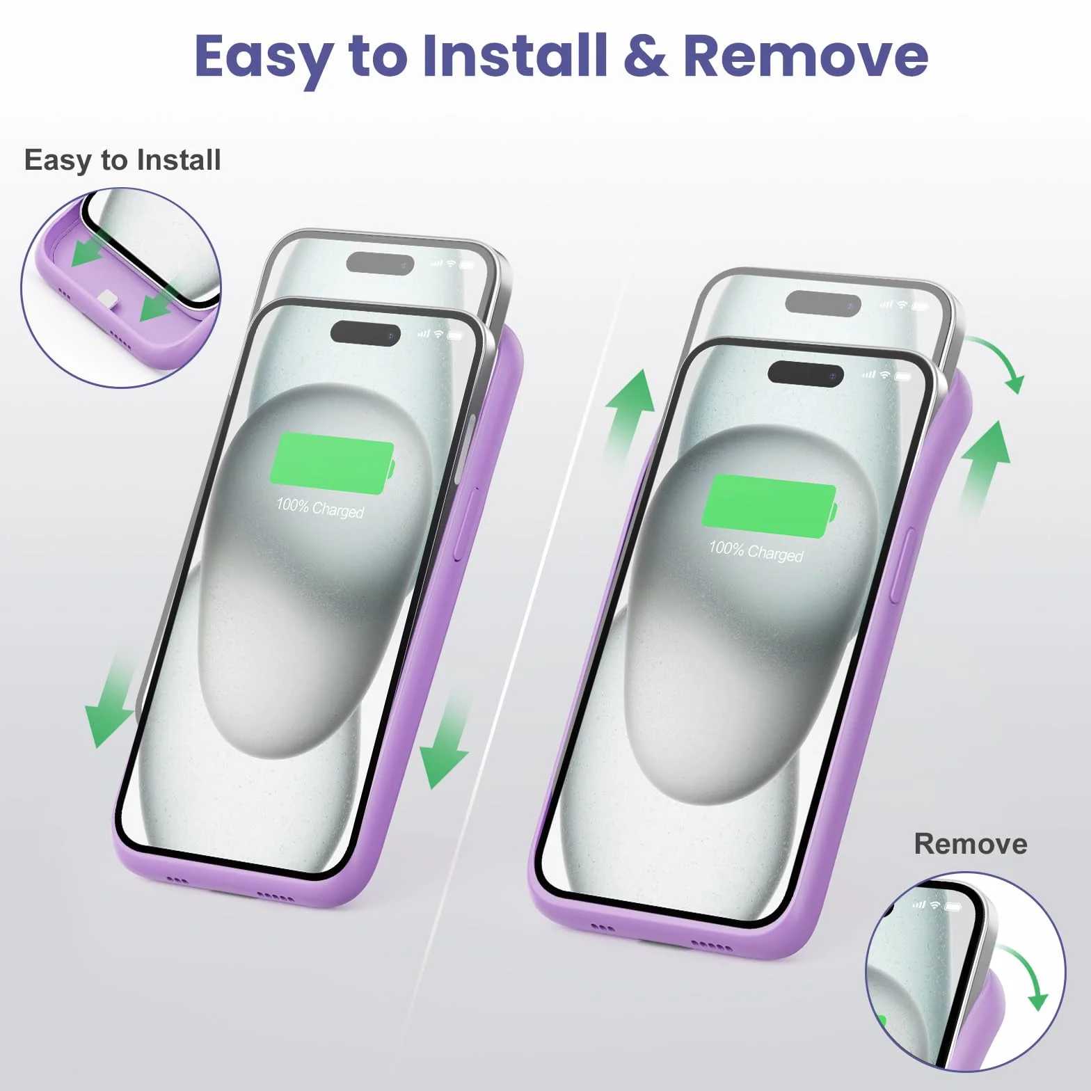 Feob Cover Batteria per iPhone 15 Pro (6,1"), 7500mAh 15W Cover Ricaricabile Battery Case Custodia Batteria Caricabatterie Power Bank per iPhone 15 Pro (6,1") Backup Charger Case-Viola