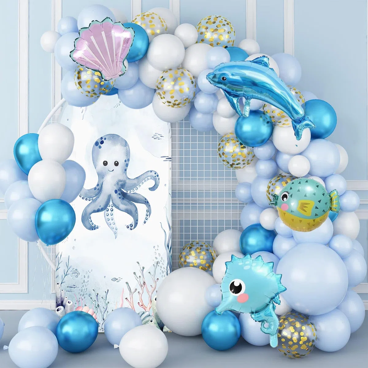 AIBIIN 100 x 210 cm sottomarino a forma di arco marino sfondo sotto il mare tema polpo arco copertura per Birthda Baby Shower torta Smash Party Decor