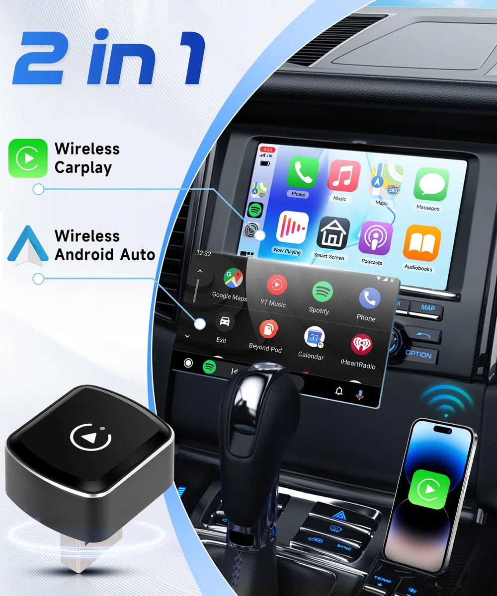 2 IN 1 Senza Fili Carplay e Senza Fili Android Au-to Adattatore, Stick per Convertire Android Auto/Car Play Cablato in Wireless per auto con CarPlay Cablato, Wireless Car Play Adattatore USB/Tipo-C
