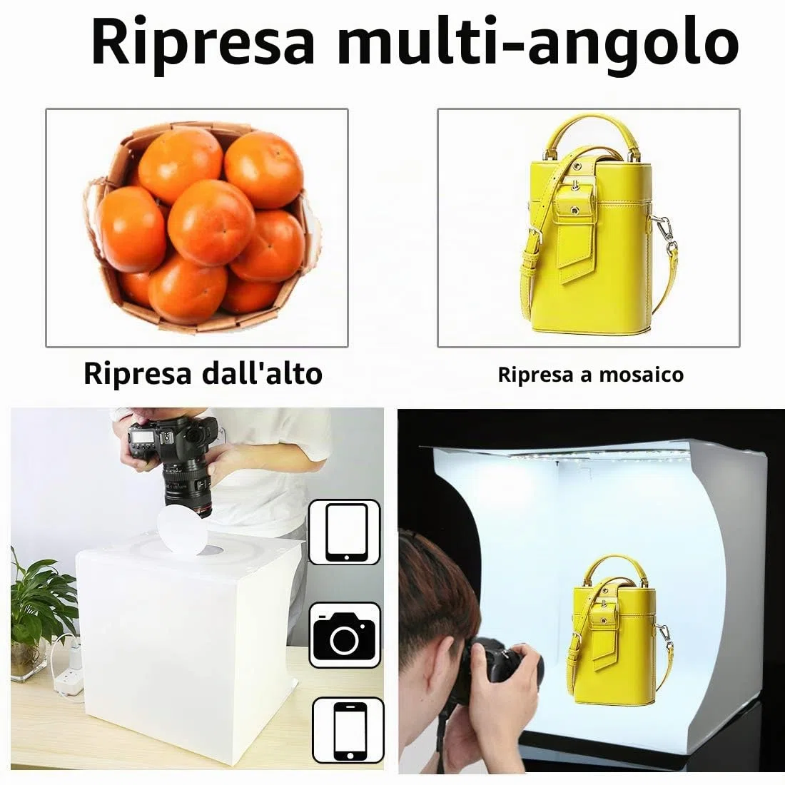 Studio Fotografico Portatile Tenda Fotografica Scatola Luminosa 30x30cm, Pieghevole Foto-Studio con luce LED 3200K/6500K Dimmerabile, Luminosità Regolabile, 6 Fotografico Sfondo