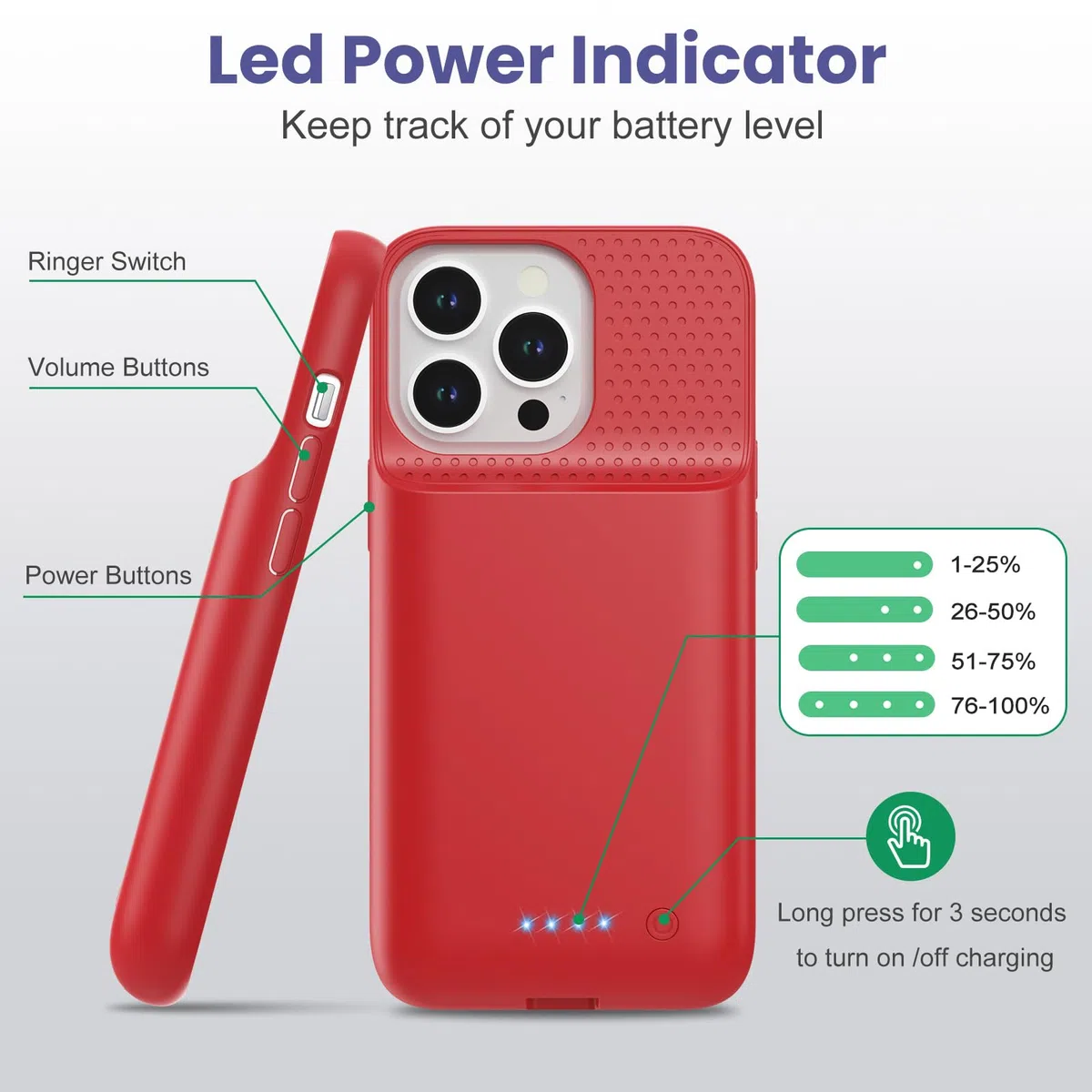 Feob Cover Batteria per iPhone 16 Pro, 7500mAh 15W Custodia Ricaricabile Battery Case Custodia Batteria Caricabatterie Cover Power Bank per iPhone 16 Pro (6,3") Charger Case (Rosso)