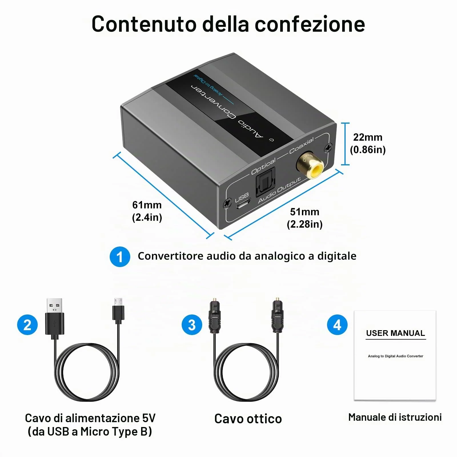 Convertitore Analogico Digitale Convertitore Audio da RCA L R e 3.5 mm jack a Coaxial Toslink con Cavo Toslink e Cavo di Alimentazione per PS4 Xbox 360 HDTV Blue Ray Sky HD DVD