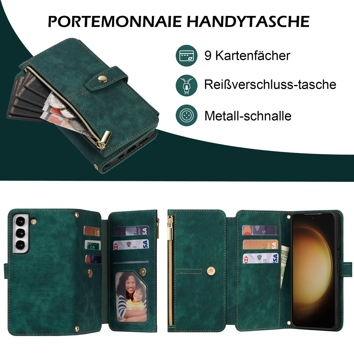 ZCDAYE Custodia per Samsung Galaxy A34 5G con 9 scomparti per carte di credito, in pelle PU per Samsung A34 5G, custodia per Samsung Galaxy A34 5G, con chiusura lampo, colore: verde