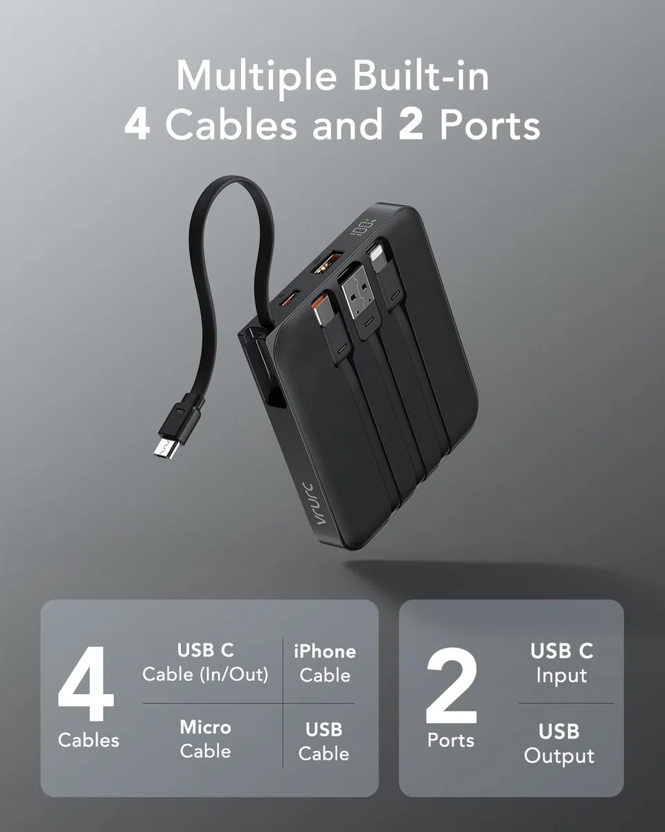 VRURC Power bank 10000mAh con 4 cavi integrati, 22.5W Batteria USB C a Ricarica Rapida, PowerBank per Cellulare Display LED per iPhone 15 14 Samsung Galaxy S23 Google Pixel Tablet Android - Nero
