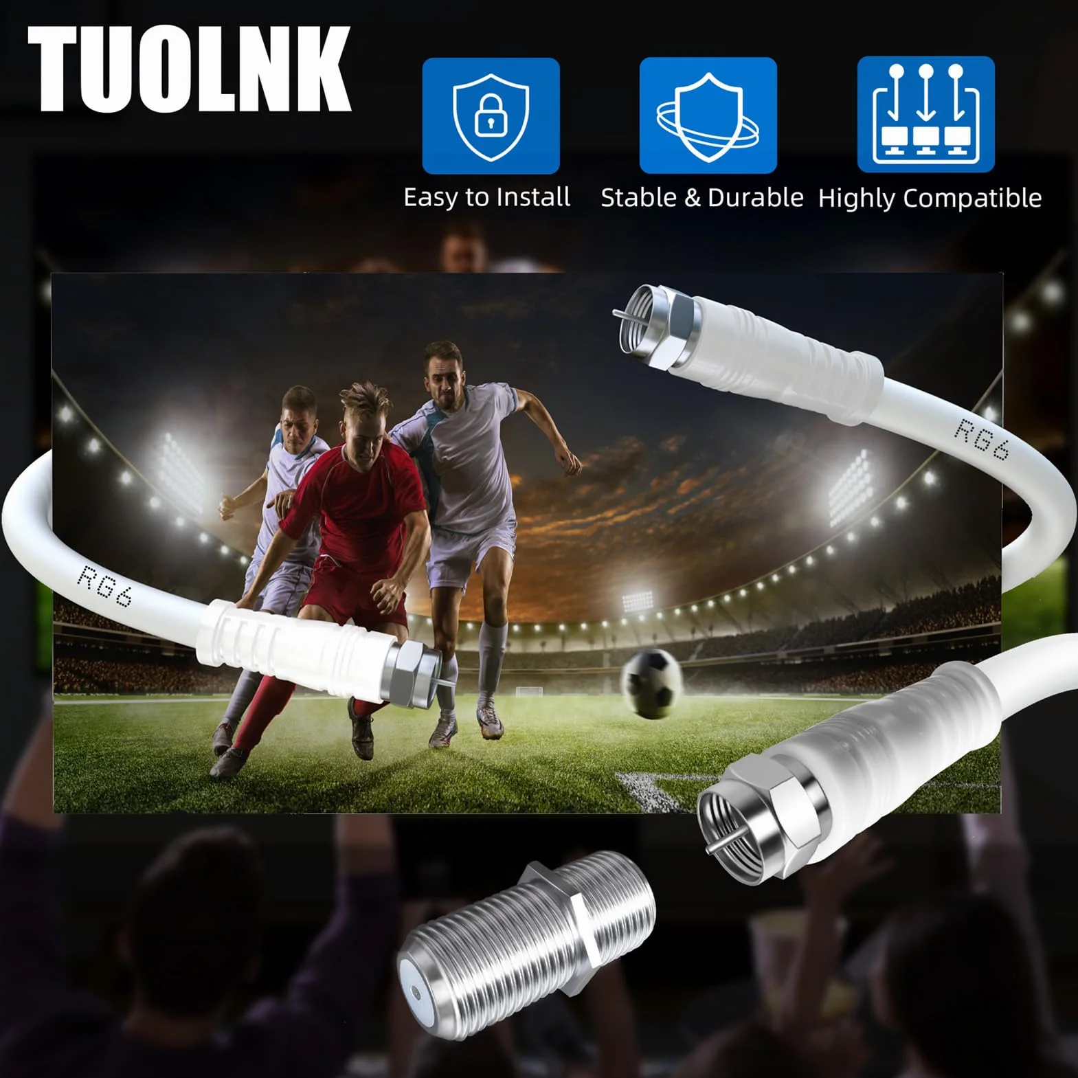 TUOLNK RG6 Cavo antenna TV da F maschio a F maschio RG6 Cavo coassiale con connettore di compressione F femmina 75 Ohm, per decoder via cavo, TV, satellite, router digitale 49,2 piedi (15M)