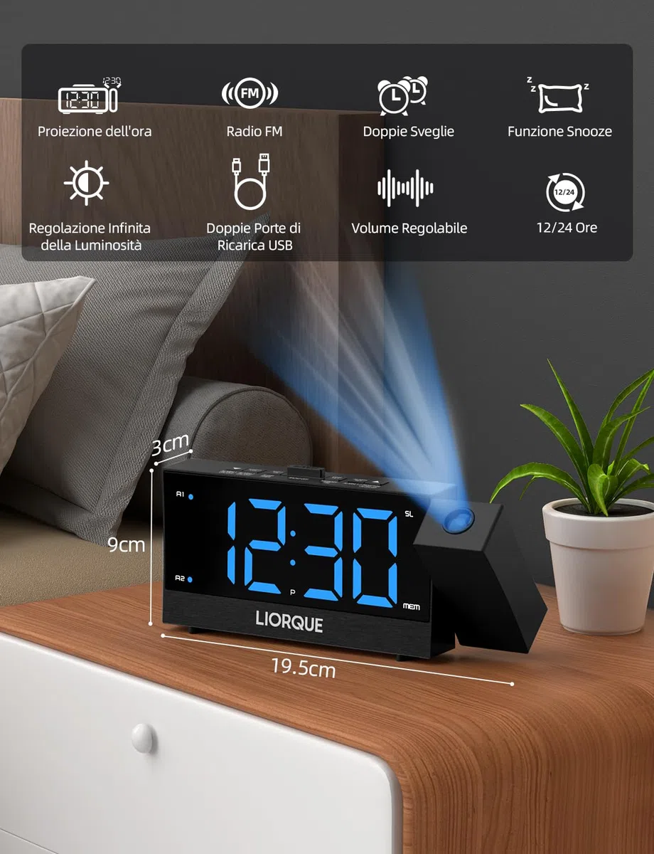 LIORQUE Sveglia con Proiettore a Soffitto, Radiosveglia con Proiettore a Grande Schermo, Sveglia Digitale con Doppia Sveglia, Funzione Snooze, Regolazione Infinita Della Luminosità, 2 Porte USB