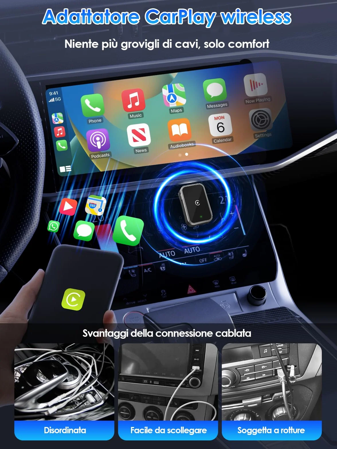 Adattatore Wireless CarPlay 2026 USB/Type-C Connessione Veloce Stabile iOS 12+