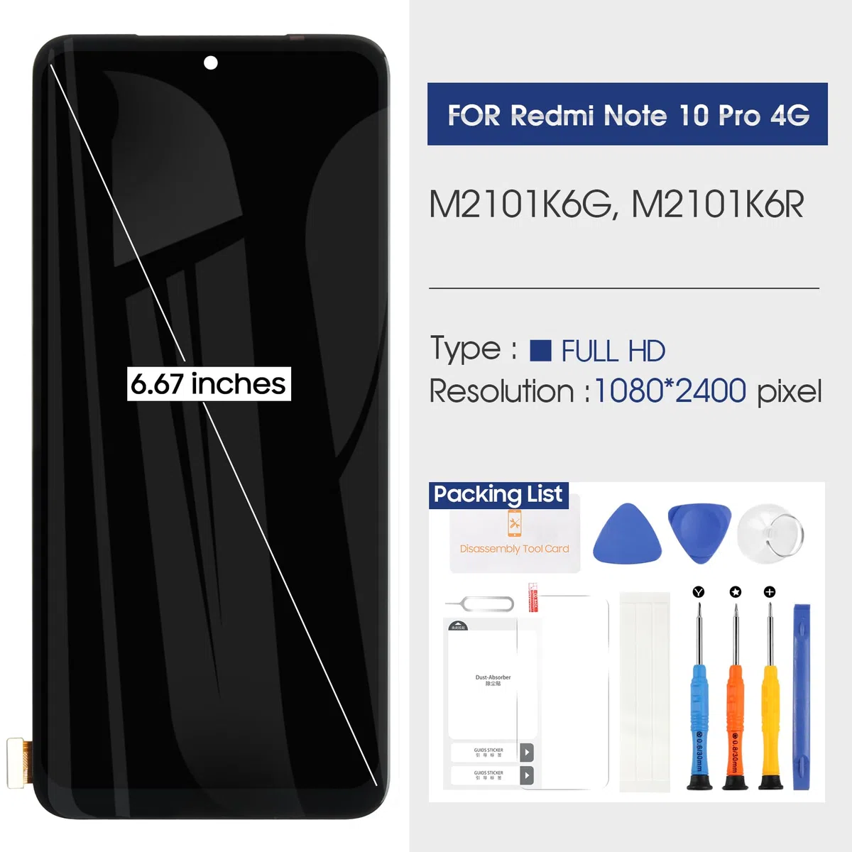 Reparo LCD Schermo per Xiaomi Redmi Note 10 PRO/Note 10 PRO Max Schermo di Ricambio per Redmi Note 10 PRO LCD Display Touch Screen Digitizer Vetro Full Assemblaggio M2101K6G M2101K6R