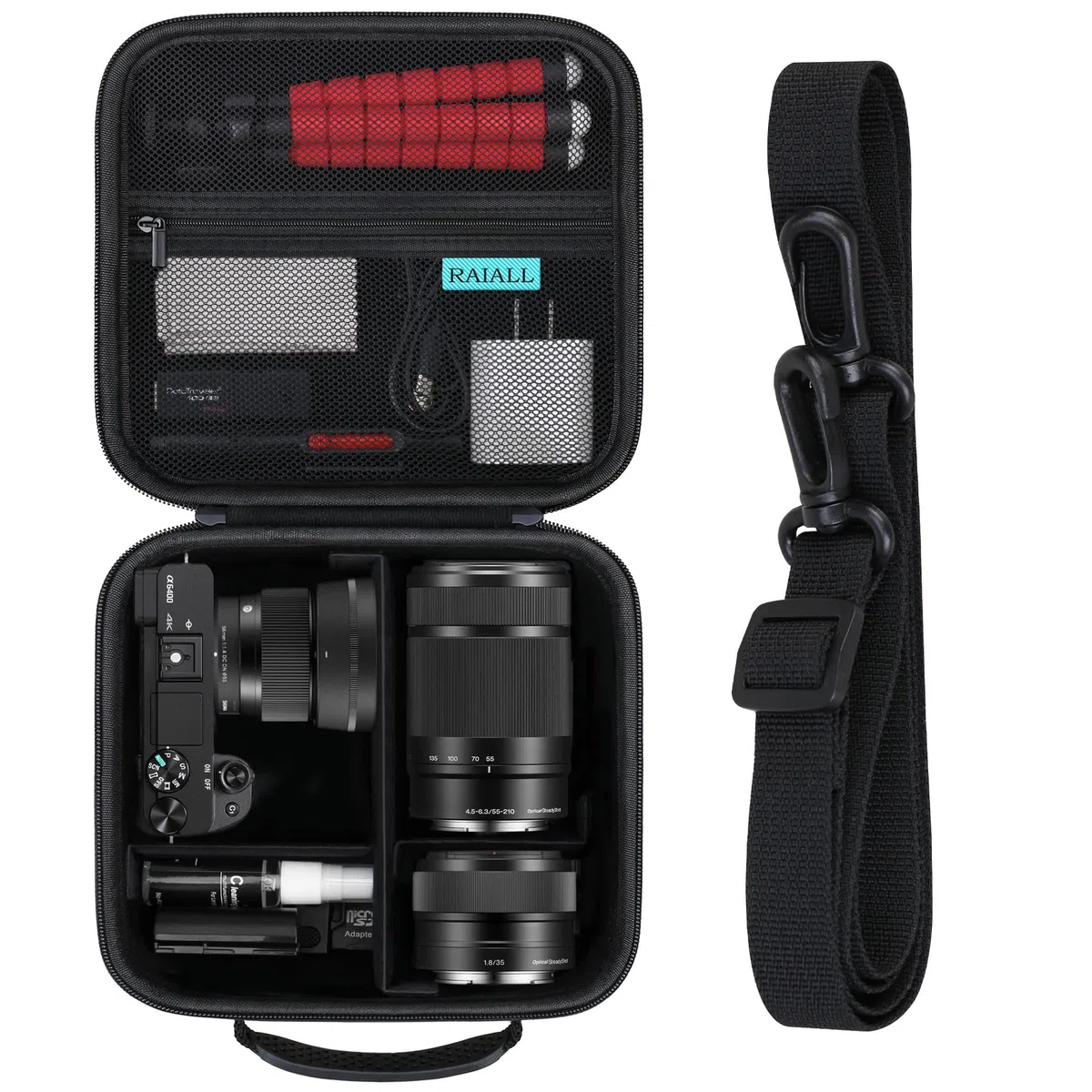 RAIALL Custodia per fotocamera digitale mirrorless Sony Alpha a6000/a6400/Sony Alpha 7 II III IV/ZV-E10 e obiettivo, borsa da viaggio rigida per fotocamera vlogging con tracolla e 3 divisori, Nero