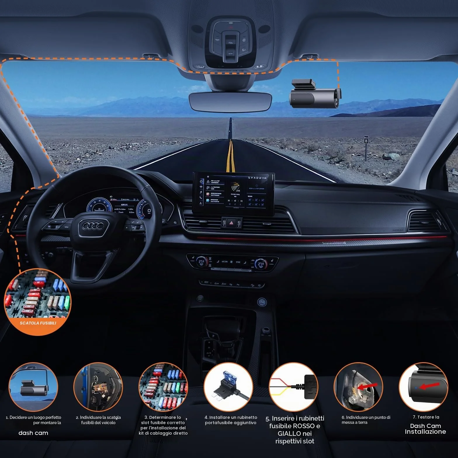 GKU Dashcam Kit Cablaggio USB-C 12V-24V a 5V/2,5A 3,5 Metri Monitoraggio Parcheggio 24 Ore Protezione Bassa Tensione