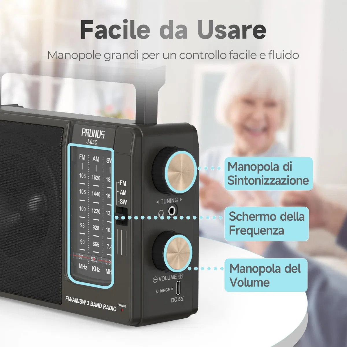 PRUNUS J-03C AM/FM/SW Radio Portatile, Radiolina Portatile Alimentata da Pile (4*AA) o Batteria Ricaricabile USB-C, Radio Portatili Piccola con Jack per Cuffie, Ideale per Cucina, Tavolo e Casa (Nero)