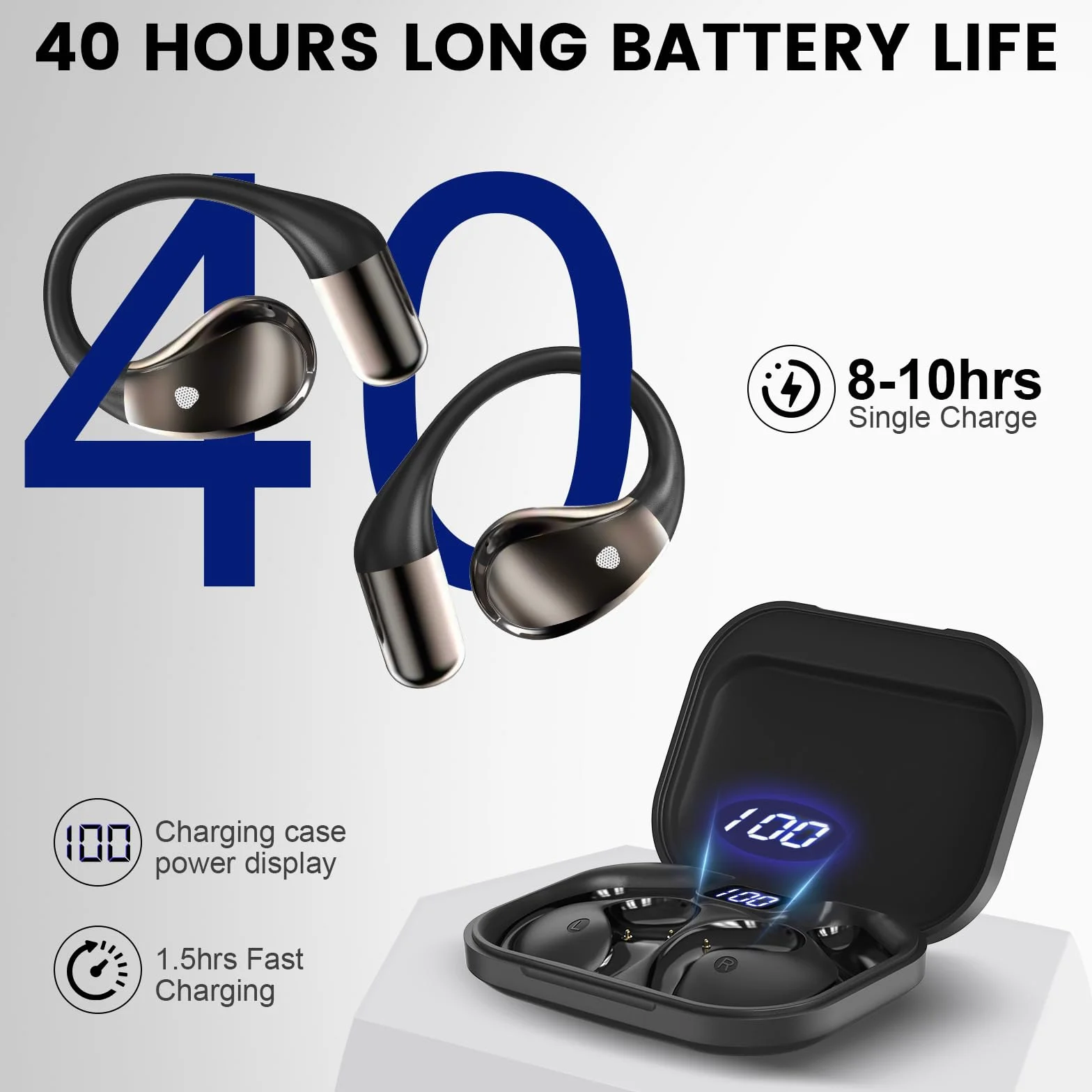 2026 Cuffie Open Ear, Auricolari Sportivi Bluetooth 6.0 con Gancio Morbido e Controllo Tattile, 40 Ore Cuffie Bluetooth con Stereo HiFi, Chiamate Chiare, Display LED, Cuffie Wireless Impermeabile IP7