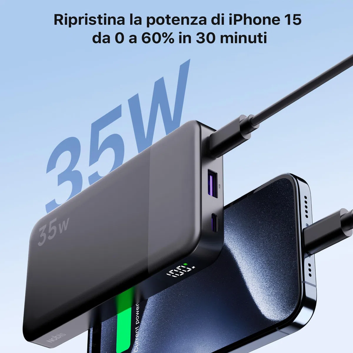 NOBIS Power Bank 35W Powerbank 10000mAh Caricabatterie Portatile 3 Ports USB-C In & Out con Display Digitale LED, Compatibile con Phone 17 S25