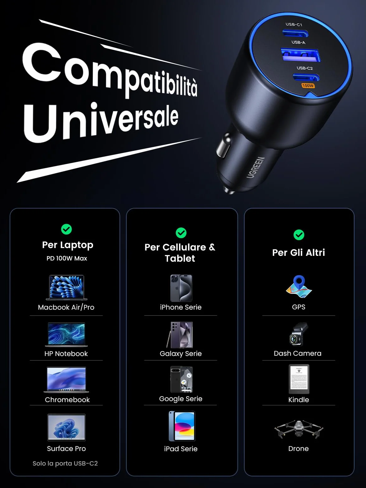 UGREEN 130W Caricatore Auto USB C, Caricabatteria Accendisigari Ricarica Rapida 3 Porte, Compatibile iPhone 17 Pro Max Air/16/15, Samsung Galaxy S25/24, Xiaomi, MacBook, iPad Air Mini