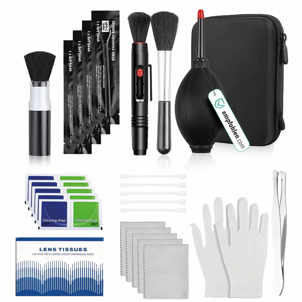pixly Set di pulizia per fotocamera, 16 pezzi, professionale DSLR con soffietto, penna 2 in 1, pennello per la pulizia, guanti e panni in microfibra, per fotocamera, obiettivo e sensore