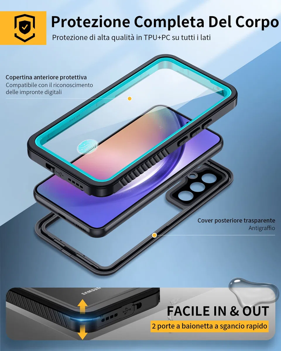 Lanhiem Cover Per Samsung Galaxy A54 5G Impermeabile IP68 Waterproof e 360 Gradi Protezione Custodia Subacquea Antiurto Rugged con Full Body Military Protezione dello Schermo per Samsung A54 6,4",Blu