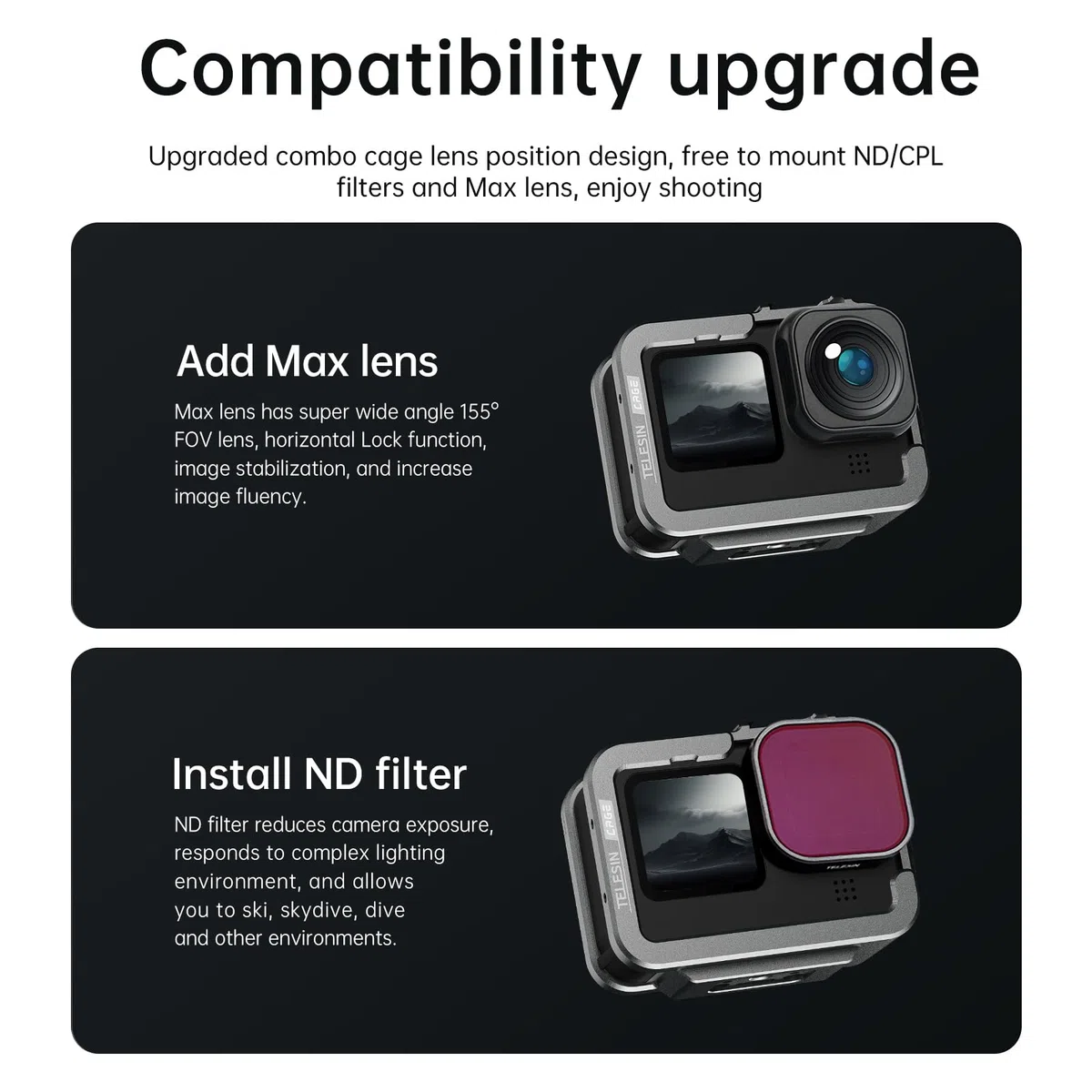 TELESIN Gabbia Verticale in Alluminio Custodia Protettiva Telaio per GoPro Hero 13 Hero 12 11 10 9, Compatibile con Go Pro con Filtro Obiettivo ND CPL con Cold Shoe Collegamento al Microfono Video