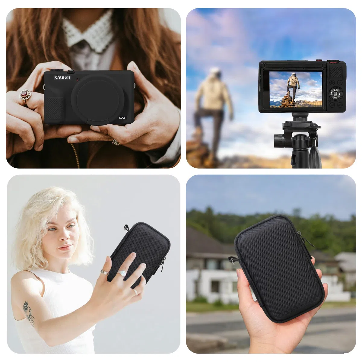 RAIALL Custodia per fotocamera digitale Canon PowerShot G7X Mark III, 1* custodia rigida da trasporto + 1* custodia protettiva morbida in silicone, Nero+Nero