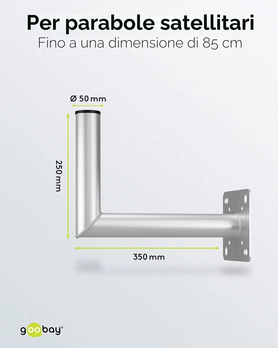 goobay 60503 Sat - Supporto da parete con foro per balcone/supporto per parabola satellitare fino a max. 85 cm, supporto per asta angolare, supporto da parete, supporto per antenna con distanza dalla