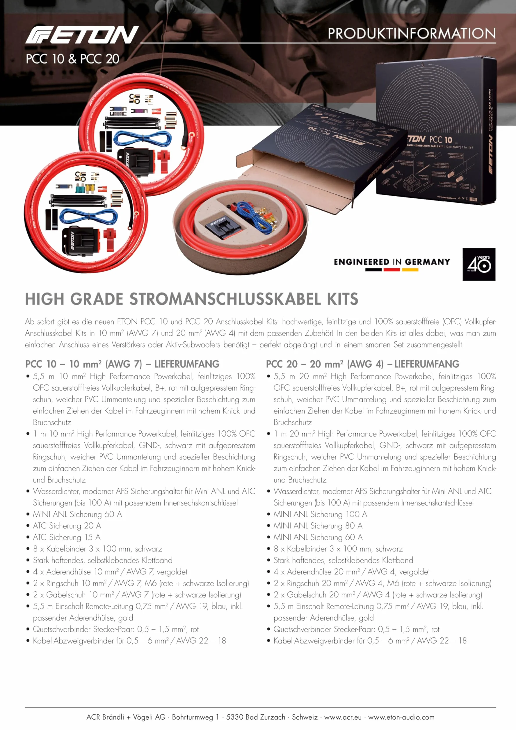 ETON PCC 20 - Set di cavi di collegamento di alimentazione di alta qualità, 20 mm², set per l'installazione di amplificatori auto e subwoofer attivi, kit cavi powerk con fusibili per amplificatori