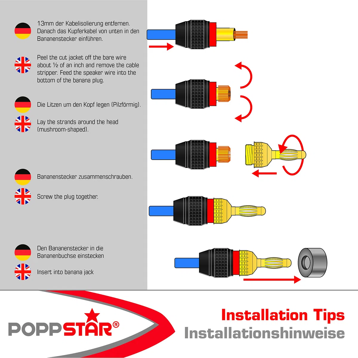 POPPSTAR 8 connettori a banana high end (schermati), banane per cavi di potenza (fino a 6 mm²), altoparlante, ricevitore AV, placcato oro 24k (4x nero, 4x rosso)