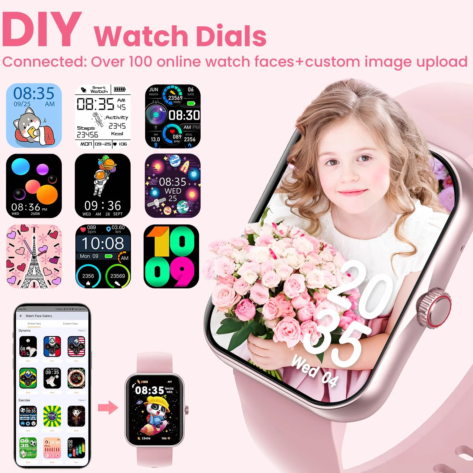 PTHTECHUS Smartwatch Bambini, Orologio Intelligente Fitness Sportivo SmartWatch per Bambini, 1.83' HD Touchscreen, Cronometro Notifiche Messaggi, Fitnesstracker per Ragazzi Ragazze Adolescenti (Rosa)
