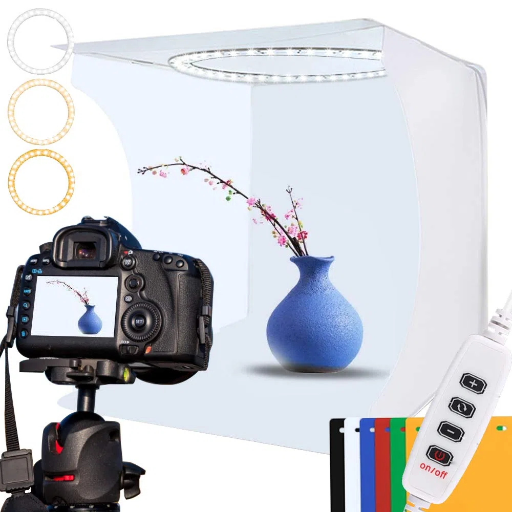 Studio Fotografico Portatile Tenda Fotografica Scatola Luminosa 30x30cm, Pieghevole Foto-Studio con luce LED 3200K/6500K Dimmerabile, Luminosità Regolabile, 6 Fotografico Sfondo