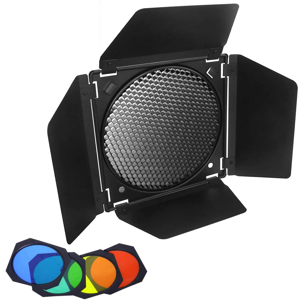 Godox BD-04 Barn Door con Griglia a Nido d'ape per Riflettore Standard da 7" e Luce Video LED Godox SL-60 MS300 SK400II Bowens Mount, con Filtri gel a 4 Colori