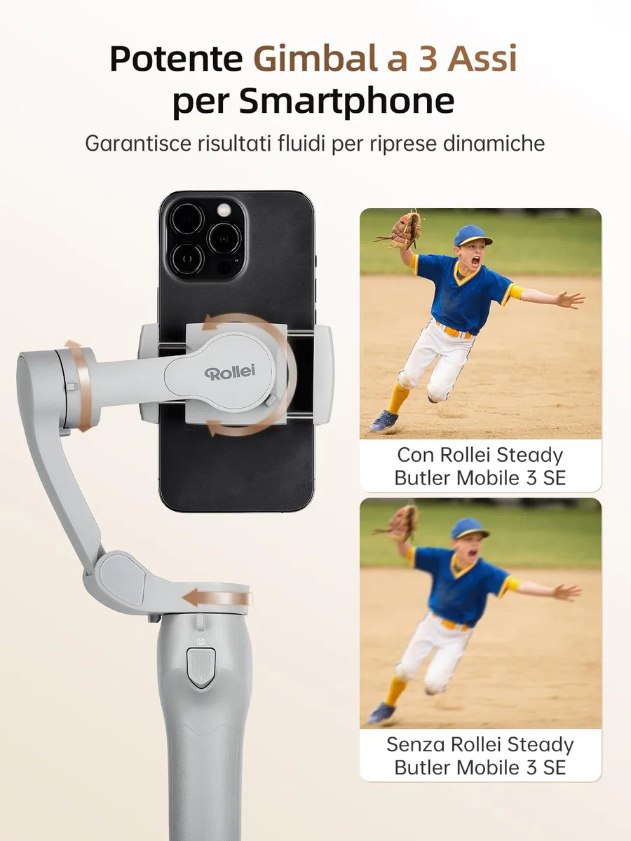 Rollei Steady Butler Mobile 3 SE Stabilizzatore Smartphones, Gimbal 3 Assi Smartphone Leggero e Pieghevole Compatibile con iPhone 16/15/14/13/12 Pro Max e Android per Video di TikTok YouTube Instagram