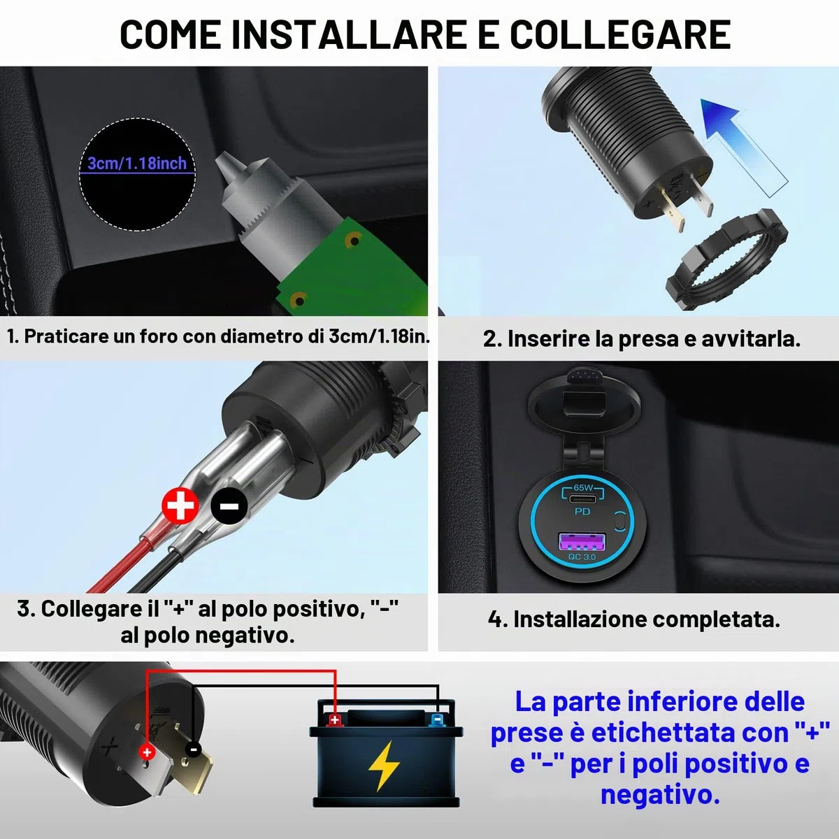 PD 65W USB C Presa 12 Volt: Qidoe Tipo C e QC3.0 Caricabatterie Prese USB per Auto con Interruttore Caricatore Veloce per iPhone iPad Telefoni Android, Adatto per 12V 24V Auto Barca Camion Camper