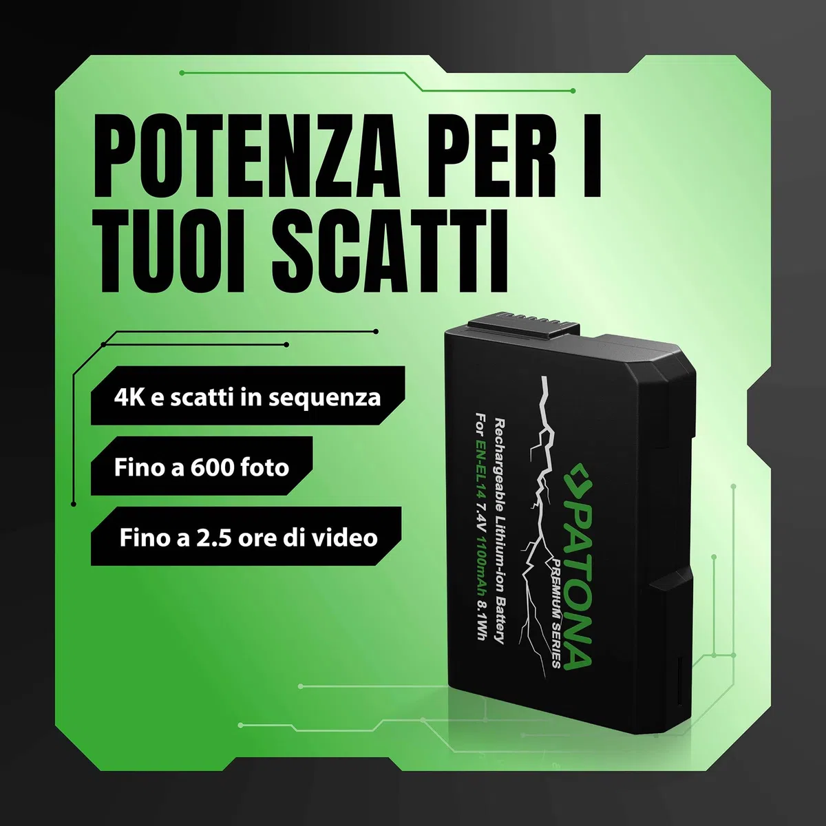 Patona batteria con Infochip di nuova generazione per Nikon EN-EL14, Coolpix P7000, Coolpix P7100, Coolpix P7700, D3100, D3200, D5100, D3100 DSLR, D5100 DSLR, D3100 DSLR, D3200 DSLR, Li-Ion, 7.4V, 1050 mAh, funziona con tutte le versioni firmware (compres