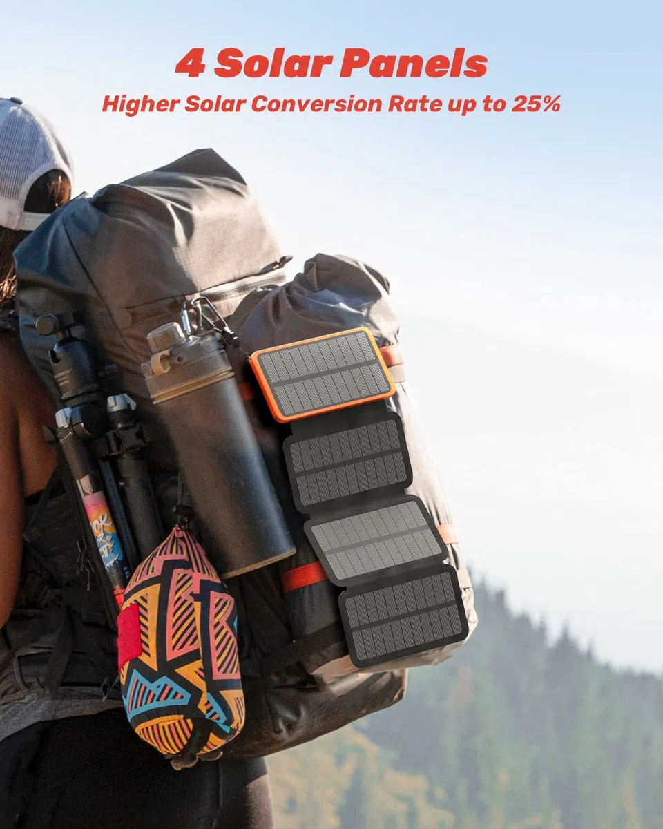 Caricabatterie Solare Power Bank - 27000mAh Solar 22,5W per Cellulare, Portatile a Ricarica Rapida con 4 Pannelli Solari e Torcia Elettrica, USB, per Telefoni Tablet Campeggio