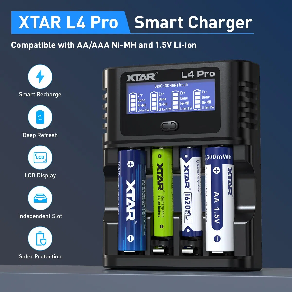 XTAR Caricabatterie intelligente multifunzione L4 Pro, batterie sovrascariche di salvataggio! Compatibile con batterie 1,2 V AA/AAA Ni-MH e 1,5 V agli ioni di litio, consente una ricarica rapida di