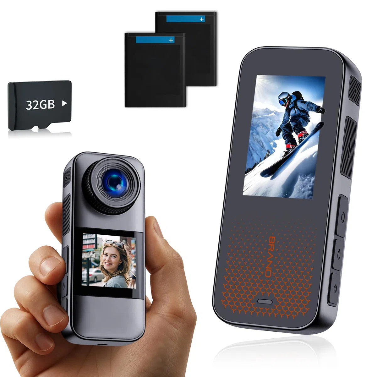 Action Cam Dotato di scheda di memoria 32GB, doppio schermo Telecamera Moto,Action Cam con batteria ricaricabileda 2 x1350 mAh e set di accessori(grigio nero)