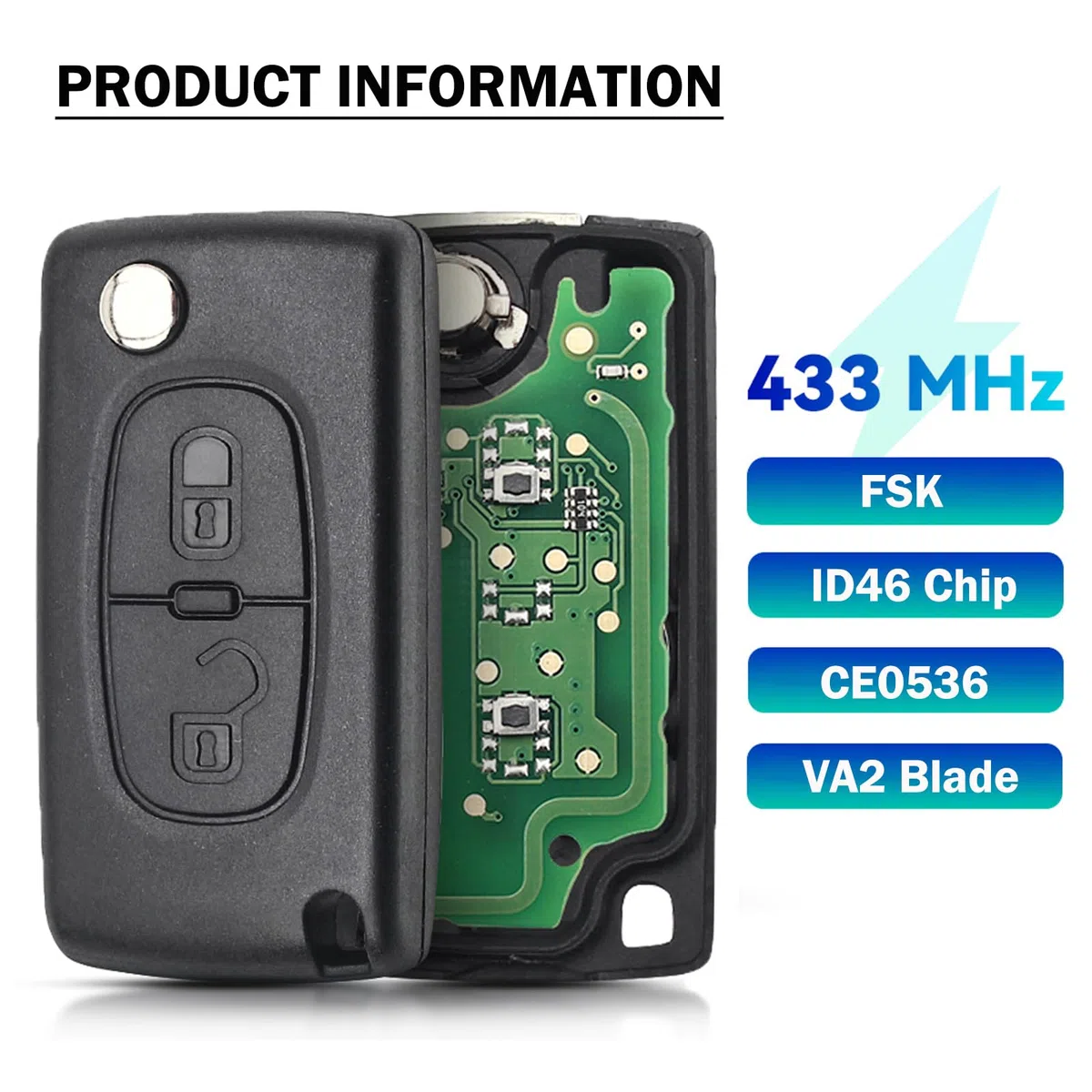FSK Chiave Telecomando Completo, 2 Tasti Auto Guscio Chiave, 433 MHz con ID46 PCF7961 Elettronico Chip Radiocomando per Peugeot 207 307 308 407, Citroen C2 C3 C4 C5 -CE0536 - VA2