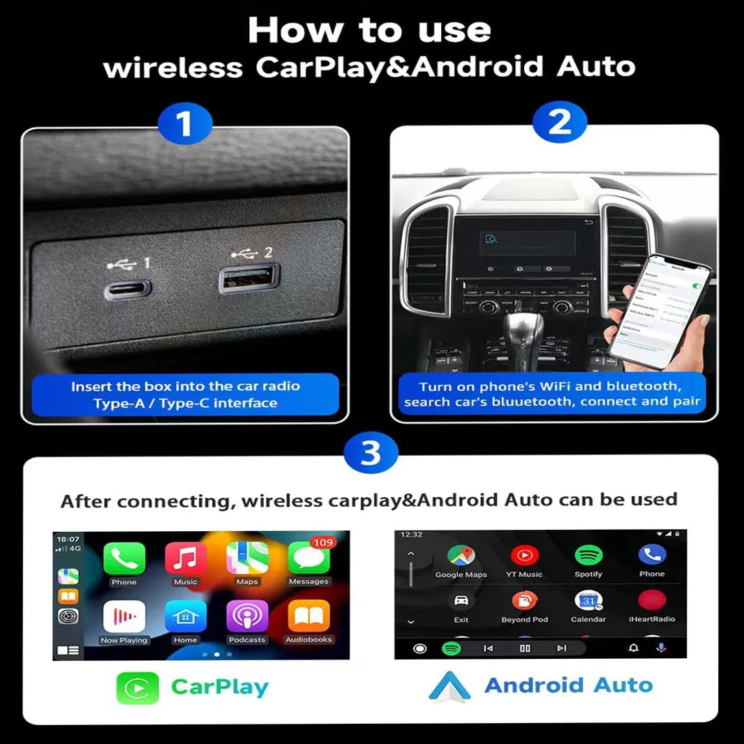 Adattatore CarPlay Wireless per Fiat Panda 2017 2018 2019 2020 2021 2022 2023 2024 2025, Converte Carplay da Cablato in Wireless, 2-in-1 CarPlay Wireless Adapter, Plug & Play con Bluetooth e WiFi