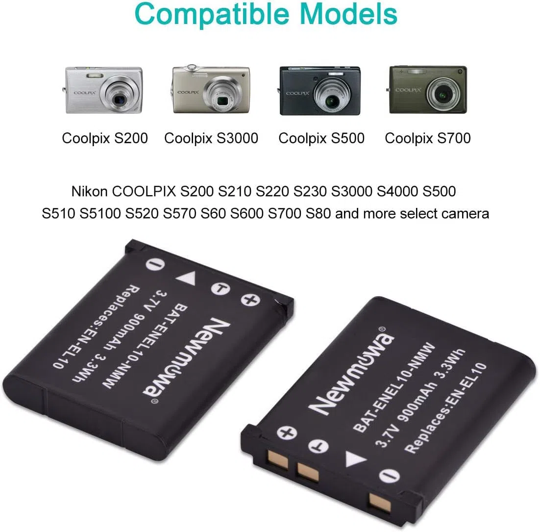 Newmowa EN-EL10 Batteria (confezione da 2) e Portable USB Caricatore kit per Nikon Coolpix S60, S80, S200, S202, S203, S205, S210, S220, S225, S230, S500, S510, S520, S570, S600