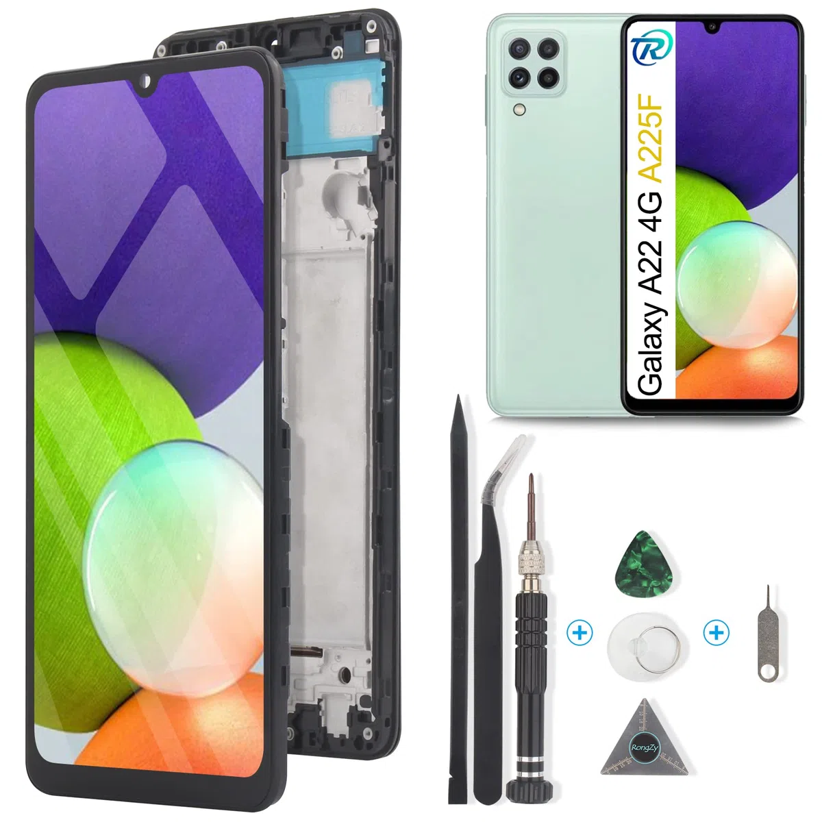 RongZy LCD Display per 6.4" Samsung Galaxy A22 4G A225F A225M Schermo LCD Touch Screen Assemblea Sostituzione di Vetro Digitalizzatore con Strumenti(Nero con Cornice)