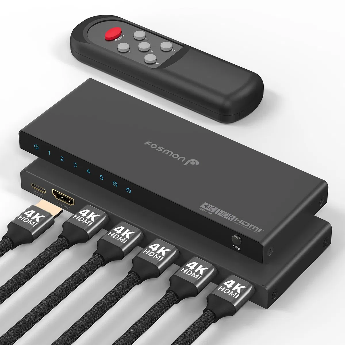 Fosmon Switch HDMI 4K 5 Porte con Telecomando, 4K@60Hz HDCP 2.2 18Gbps, Commutatore HDMI 2.0 Auto 5 in 1 Uscita Hub compatibile con PS5, Xbox X|S, Apple TV, DVD, Laptop PC, Monitor