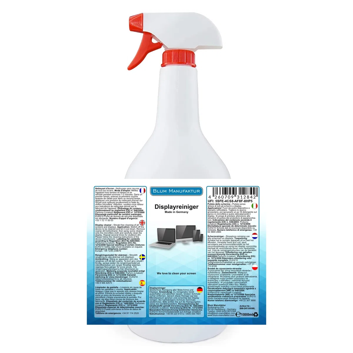Blum Manufaktur - 1000ml Pulizia dello schermo + panno microfibra. Pulizia perfetta di tutti gli schermi e display. Senza striature e senza strisce.