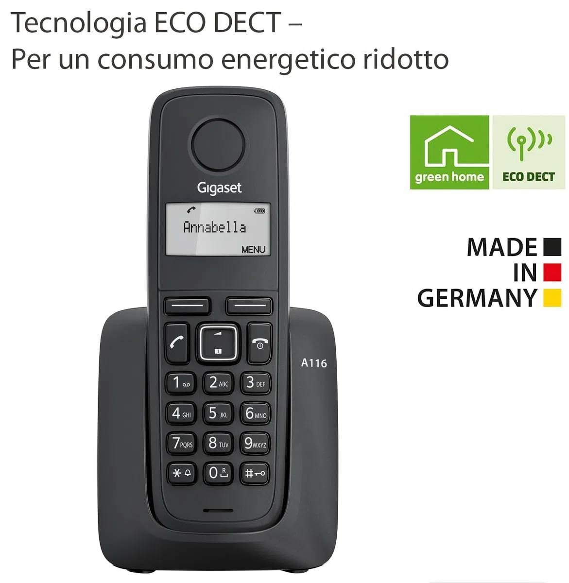 Gigaset A116 - Telefono Cordless - Durata delle batterie 12 ore di conversazione e 130 ore di standby - Fino a 50 voci, Nero [Compatibile in IT, ES]